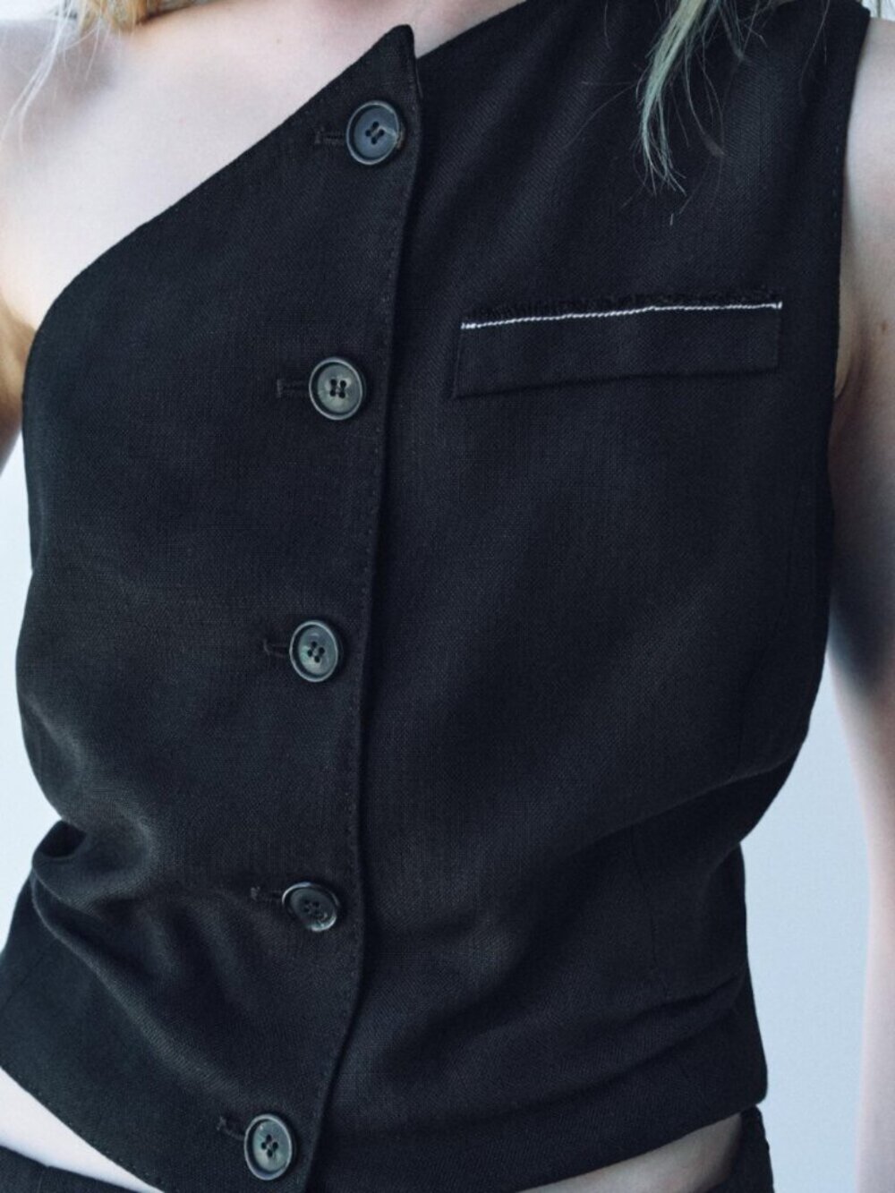 Zara Asymmetric Waistcoat Top,Black,One Shoulder Button Front Sz L New with tag!